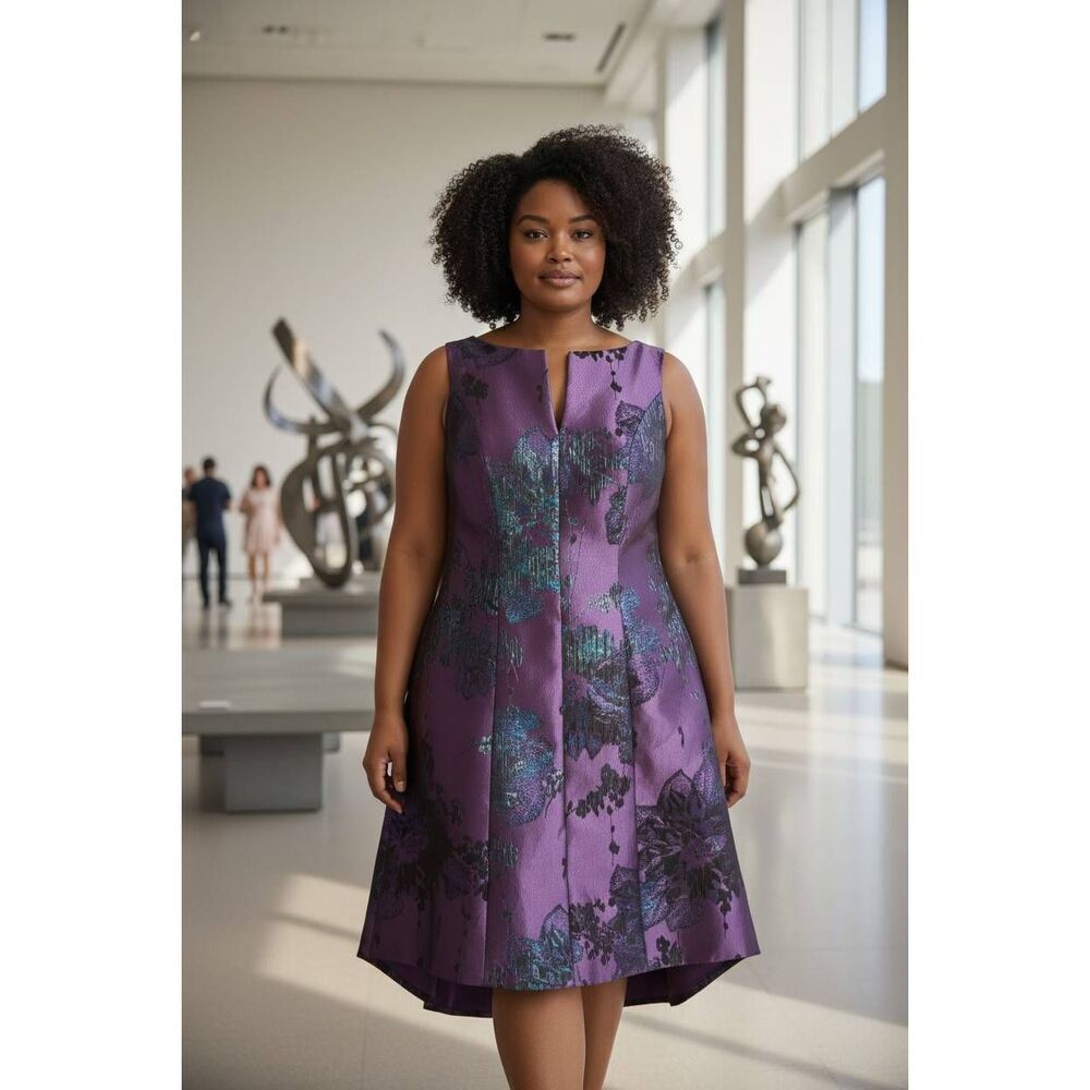 Adrianna Papell Flora Jacquard Dress Size 14 purple (eggplant) metallic floral j